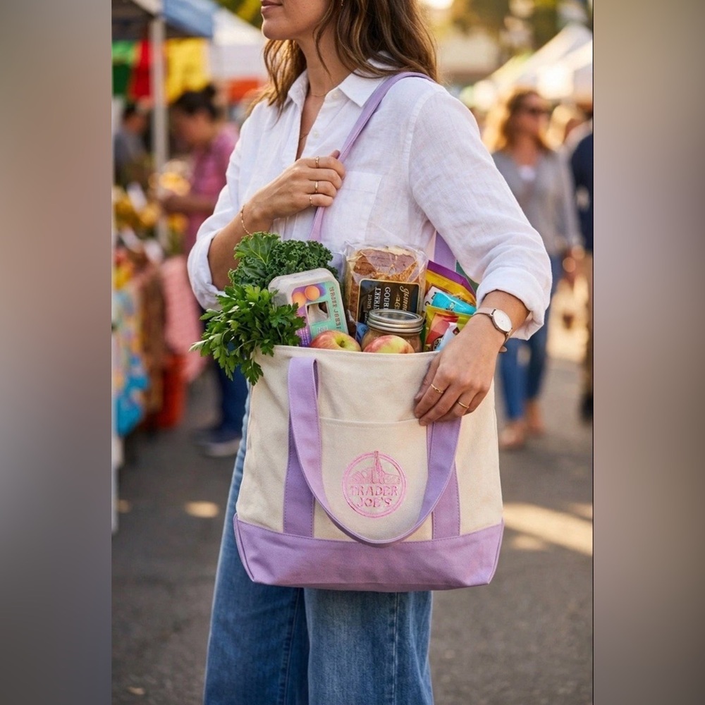 Trader Joe’s Cream and Lavender Canvas Tote Bag Large NWT